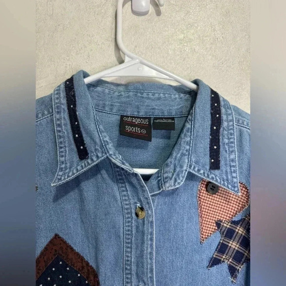 Women’s Denim Patches Patriotic US American Flag Button Down Shirt Top Large - Picture 6 of 10